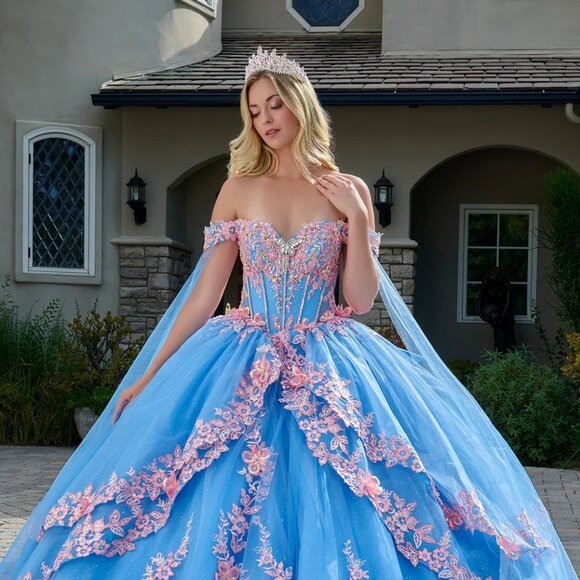 New Layered Bahama Blue Off The Shoulder Quinceanera Gown w/ Lace up Back GL3708 - Picture 1 of 13